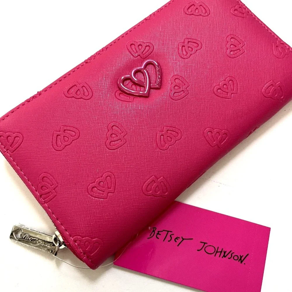 Betsey Johnson Pink Zip Around Long Wallet Double Heart Embossed Fuchsia